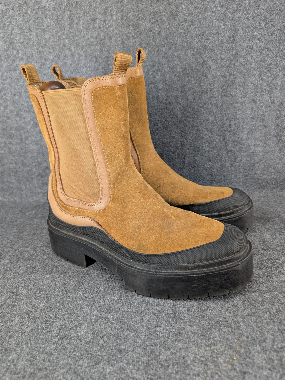 Sam Edelman Tan Suede Chelsea Platform Booties with Black Lug Sole